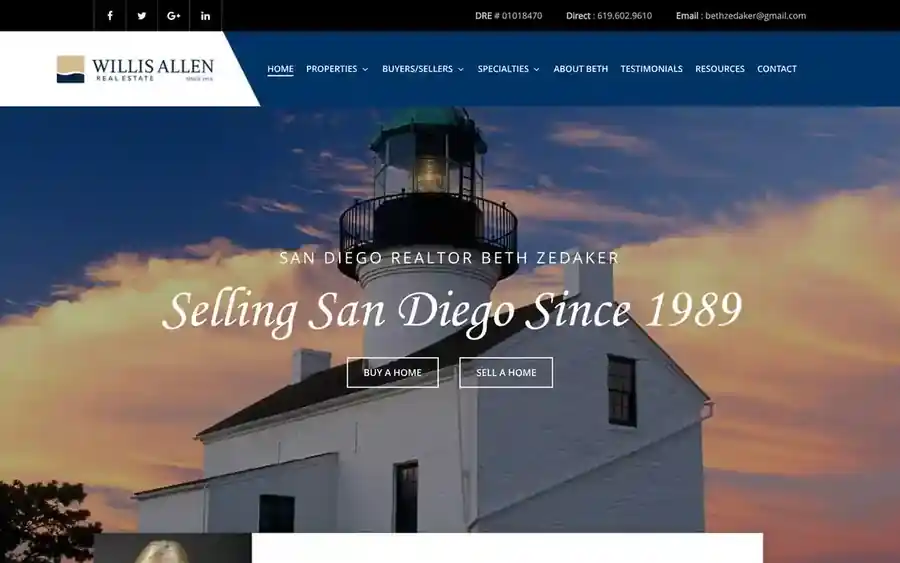 Beth Zedaker real estate website, featuring a coastal lighthouse hero image