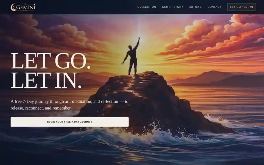 Gemini Project homepage, with dramatic Let Go Let In sunset artwork