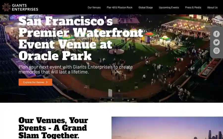 Giants Enterprises website, showcasing event venues at Oracle Park