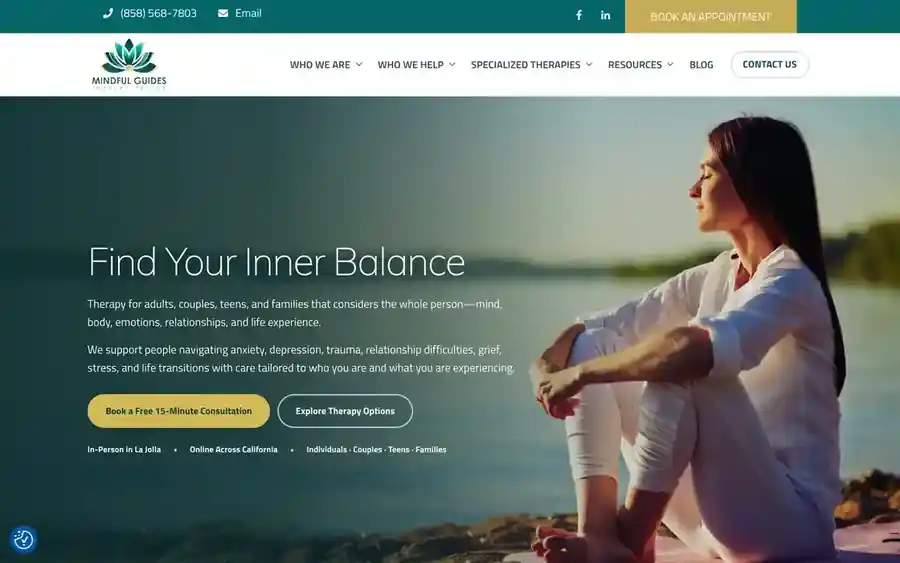Mindful Guides Therapy Center website, showcasing its Find Your Inner Balance hero
