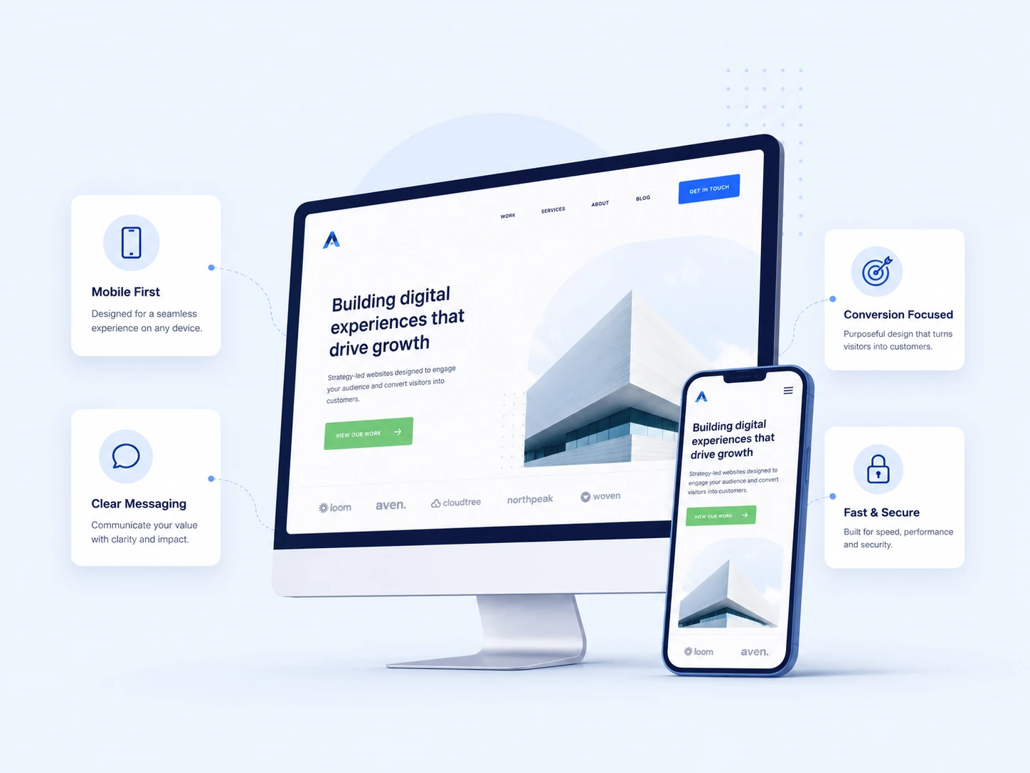 Web design system showing responsive desktop and mobile design, conversion, speed, SEO, and security