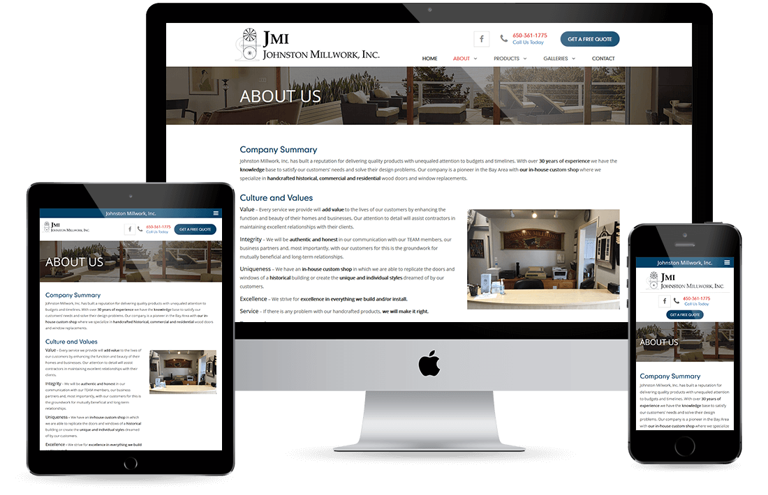 Johnston Millwork Inc. About Us page design by Equity Web Solutions