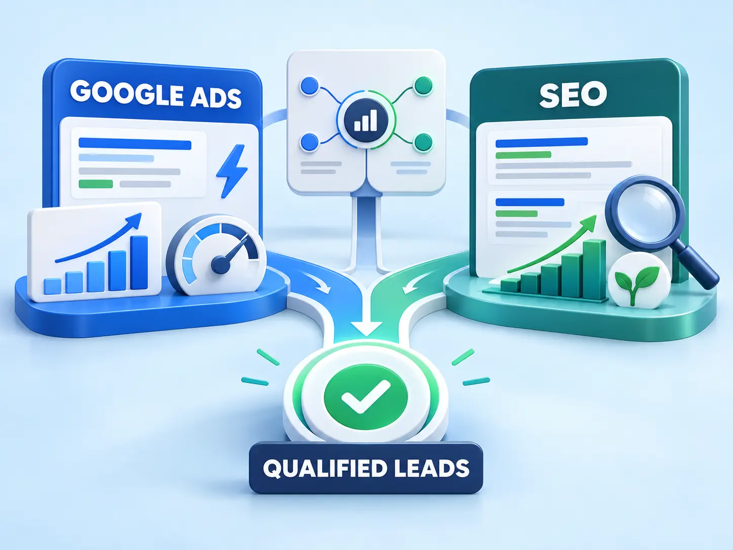 Google Ads and SEO paths combining speed, control, and compounding organic visibility to create qualified leads